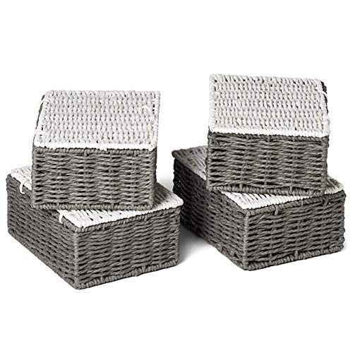 EZOWare 4 pcs Cestas de Almacenaje Multiuso, Cajas Organizadoras con Tapa de Cuerda de Papel Retorcido con Efecto de Mimbre para Cocina, Baño - Gris y Blanco, Pequeño