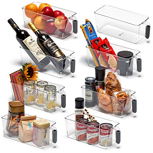 EZOWare Organizador Frigorifico y Cocina, 8 Pcs Cajas de Almacenaje con Asa para Uso Frigorifico, Nevera, Despensa, Armario, Estantes, Baño - Transparente y Gris, Pequeño