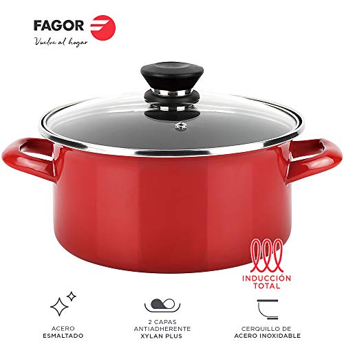 Fagor Olla OPTIMAX. Olla Antiadherente Doble Capa, Acero esmaltado de 1,5mm de Espesor, Compatible con Toda Clase Cocina, inducción, cerquillo de Acero Inoxidable. Apta lavavajillas (Olla, 18_cm)