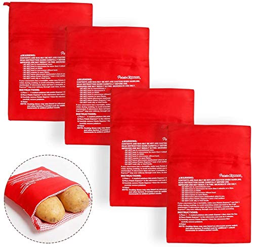 FANDE 4PCS Bolsa para Patatas en Microondas, Patata Microondas Bolsa Lavable Reutilizable Bolsa de Patata de Microondas Bolsa de Cocina Patatas Sólo en 4 Minutos (Rojo, 24x 19 x 2 cm)