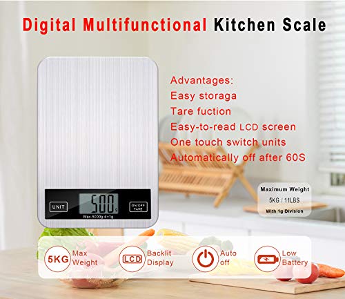 Faneam Digital Básculas de Cocina 5KG/11lb, Alta Precisión Balanza de Alimentos Multifuncional, Tara Función/Control Tactil/Pantalla LCD/5 Unidads (LB/oz, g, oz, ml, FL.oz),Baterías Incluidas