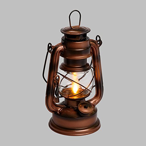 Farol Old Style color cobre antiguo a pilas, altura 19 cm, LED ámbar