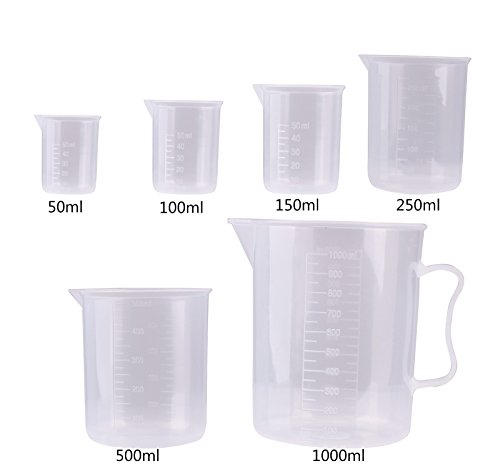 Fashionbabies Vasos Graduados 6 pcs plástico PP Taza de Medición Transparente de Cocina y Laboratorio 50ml 100ml 150ml 300ml 500ml 1000ml