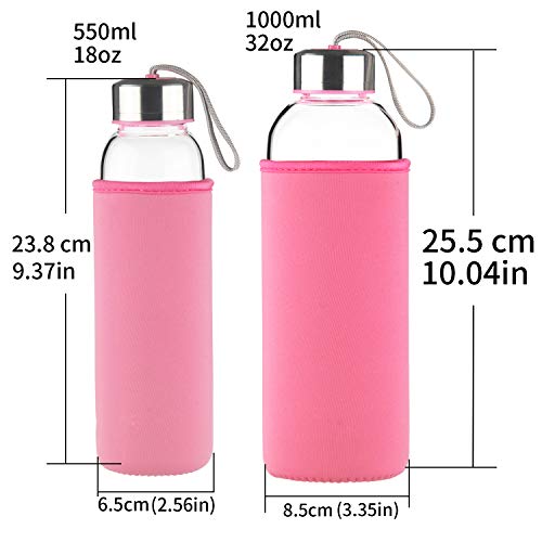 FCSDETAIL Botella de Agua de Cristal, Botella de Agua de Vidrio de Borosilicato con Funda de Neopreno con Tapa de Acero Inoxidable 1000ml