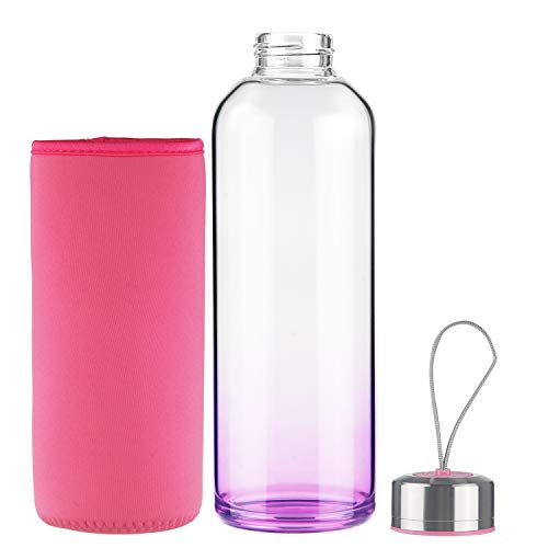 FCSDETAIL Botella de Agua de Cristal, Botella de Agua de Vidrio de Borosilicato con Funda de Neopreno con Tapa de Acero Inoxidable 1000ml