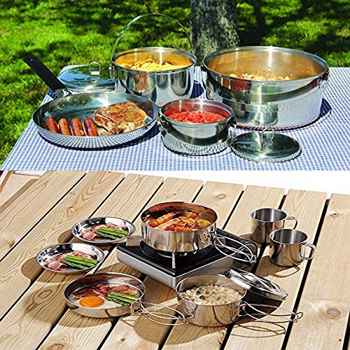 FCSFSF Senderismo Equipos De Cocina,Picnic No-Palo Cacerola Tazón,Ligero Mochilero Conjunto De Cocina 9 Piezas con Bolsa De Almacenamiento,Al Aire Libre Acampada Plata 9 Piezas