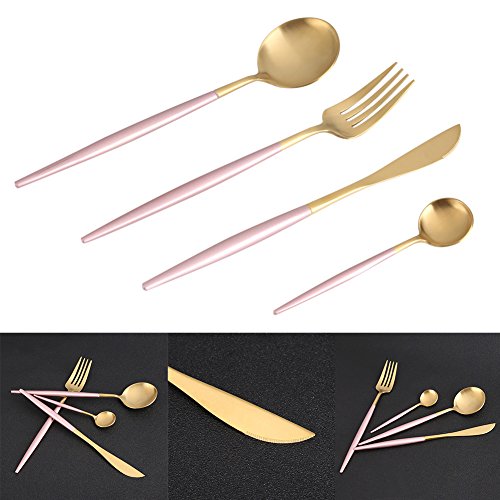 Fdit Set de 4 Piezas Vajilla de Acero Inoxidable Set de Cubiertos Incluye Tenedor Cucharas Cuchillo Vajilla Juego de Utensilios Anticorrosivo(Rosa+Oro)