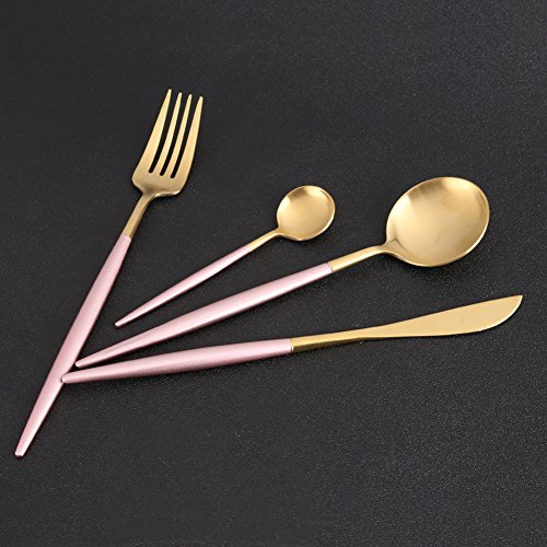 Fdit Set de 4 Piezas Vajilla de Acero Inoxidable Set de Cubiertos Incluye Tenedor Cucharas Cuchillo Vajilla Juego de Utensilios Anticorrosivo(Rosa+Oro)