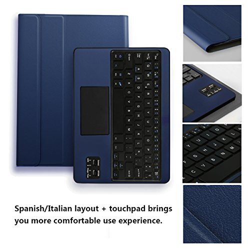 Feelkaeu Teclado Bluetooth Inalámbrico 3.0 QWERTY Español con Multi Touchpad con Funda PU Cuero Soporte - Compatible 9.6"/9.7"/10.1" Cualquier Windows/Android Tablet Azul