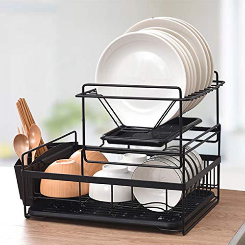 Feibrand Escurridor de Platos Escurreplatos de Cocina 2 Niveles Plastico Bandeja Soporte Platos Tazas Negro