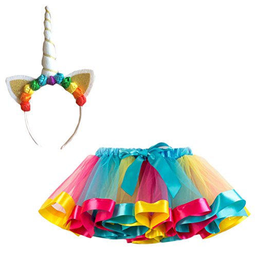 FENICAL Disfraz de Unicornio para Niñas Diadema Unicornio Floral con Oreja y Falda Tutú de Arco Iris Disfraz para Fiesta Azul Cielo Tamaño S