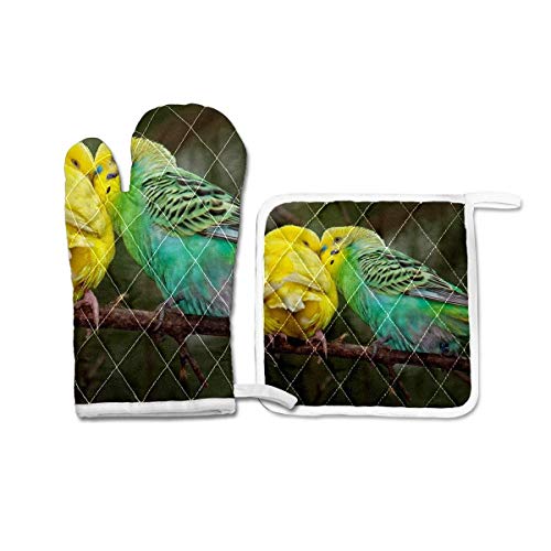 FHTDH Suministros de Cocina, Guantes de Horno y Juegos de ollas Budgie Pair Beaks Colourful Animal World Friendship Oven Mitts Potholder Set for Kitchen Heat Resistant Non-Slip Heat Insulation Gloves