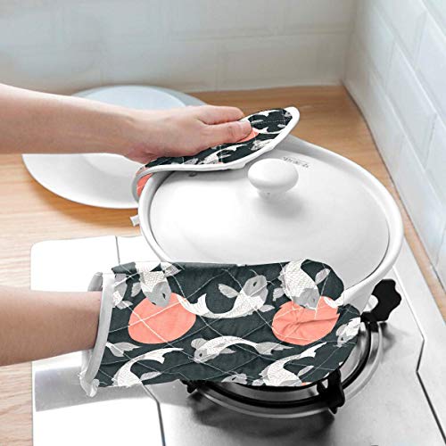 FHTDH Suministros de cocina, guantes de horno y juegos de ollas Fish Koi Pattern Oven Mitts Potholder Set for Kitchen Heat Resistant Non-Slip Heat Insulation Gloves Pot Holders Cooking Baking Grilling