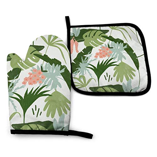 FHTDH Suministros de cocina, guantes de horno y juegos de ollas Oven Mitts and Pot Holders,Tropical Print Light Background Heat Resistant Reusable Kitchen Oven Mitts and Pot Holders for Kitchen,Baking