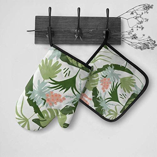 FHTDH Suministros de cocina, guantes de horno y juegos de ollas Oven Mitts and Pot Holders,Tropical Print Light Background Heat Resistant Reusable Kitchen Oven Mitts and Pot Holders for Kitchen,Baking