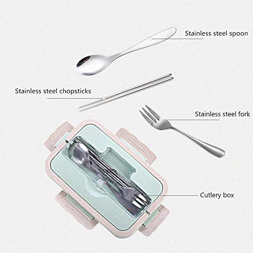 Fiambreras bento, Fiambrera de seguridad de trigo natural de 1000 ml con tenedor palillos cuchara para niños y adultos, apta para microondas y lavavajillas azul