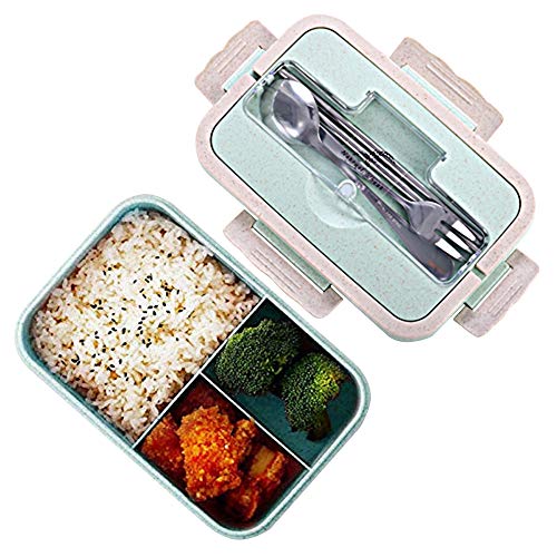 Fiambreras bento, Fiambrera de seguridad de trigo natural de 1000 ml con tenedor palillos cuchara para niños y adultos, apta para microondas y lavavajillas azul