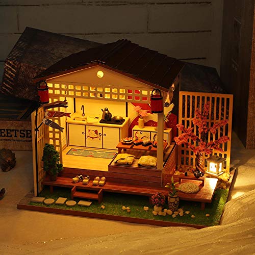 Finelyty DIY Mini House Set, Kit de casa de muñecas ensamblado Cherry Blossoms House Cabina de Estilo japonés para Navidad Cumpleaños Día de San Valentín