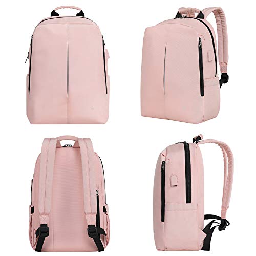 FINPAC Mochila para Portátil, Mochila Escolar de Tela y Nano-Moleculares Repelente al Agua con Puerto de Carga USB para Viaje Mujeres Hombres Se Adapta a Laptop de hasta 15.6", Rosa