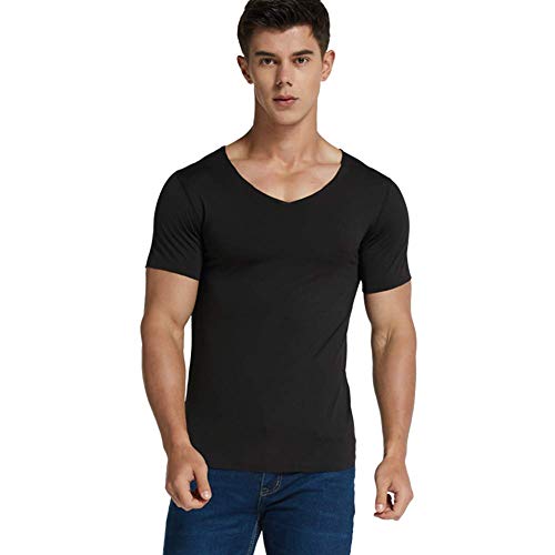 Fishyu Hombre Hielo Seda de Secado Rápido Camiseta de Manga Corta Cuello Pico Monocromo sin Costura, Transpirable Top - Negro, Large