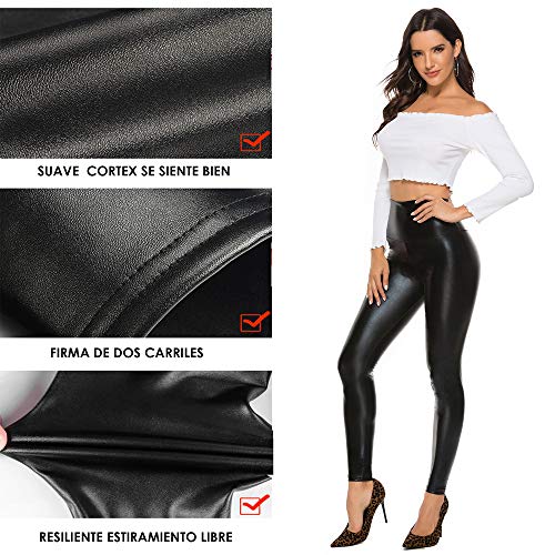 FITTOO Mujeres PU Leggins Cuero Brillante Pantalón Elásticos Pantalones para Mujer300#2 Negro Brillante L