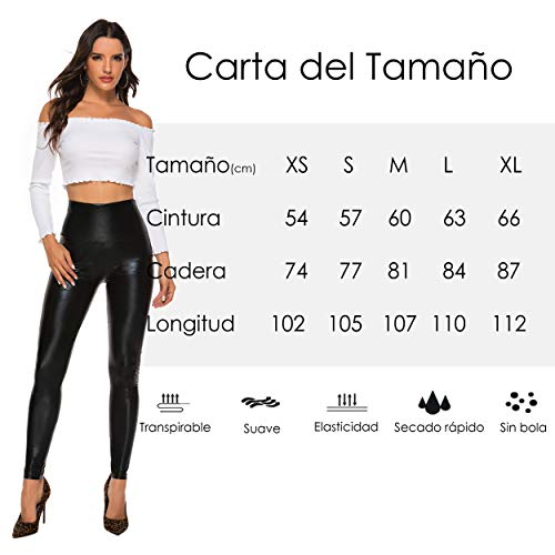 FITTOO Mujeres PU Leggins Cuero Brillante Pantalón Elásticos Pantalones para Mujer300#2 Negro Brillante L