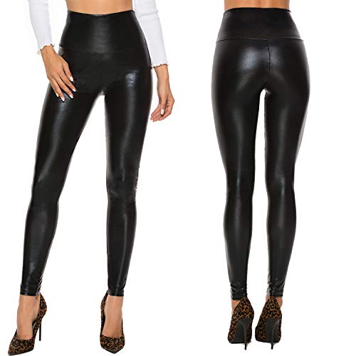 FITTOO Mujeres PU Leggins Cuero Brillante Pantalón Elásticos Pantalones para Mujer300#2 Negro Brillante L