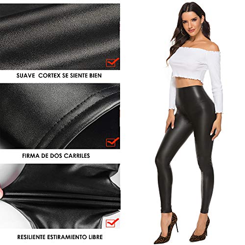 FITTOO Mujeres PU Leggins Cuero Brillante Pantalón Elásticos Pantalones para Mujer300#2 Negro Mate XL