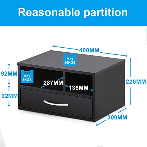 FITUEYES Soporte para impresora Madero Negro con 2 Compartimentos 1 Cajón Organizador de Escritorio para Oficina Casa 40x30x22cm DO304002WB