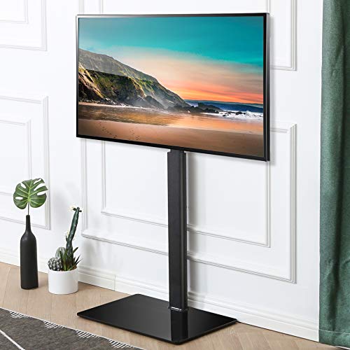 FITUEYES Soporte TV de Pie de 32 a 60 Pulgadas con Base de Vidrio Templado Soporte TV Plana Curva Giratorio 70° Altura Ajustable MAX VESA 600 x 400 mm Gestión de Cables