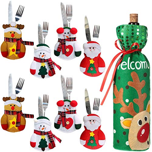 Fiyuer Bolsas para Cubiertos de Navidad 9 Pcs Tenedores Bolsa Muñeco de Nieve Bolsas para Botellas de Vino para Decoracion de Mesa Adornos Navideños