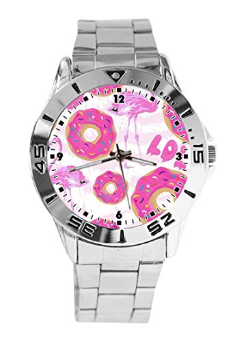 Flamingo Donuts Reloj de Pulsera analógico con diseño Personalizado, Esfera Plateada, Correa clásica de Acero Inoxidable para Hombre y Mujer