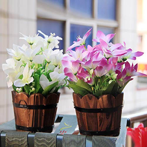 Flikool Flores Artificiales de Seda con Barril de Madera Falsas Narcisos con Jarrón Flor de Lirio Plantas Artificiales en Maceta Bonsai Verdes para Balcón Interior Hogar Oficina Decor - Blanco