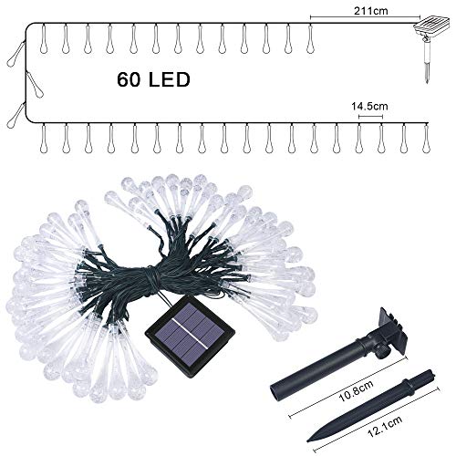 Flintronic 11M 60LED Guirnalda Luces Exterior Solar LED, 8Modos Luces de Gota de Agua Solar, IP65 Impermeabile Luces LED Solares para Jardin, Navidad, Terraza, Fiestas