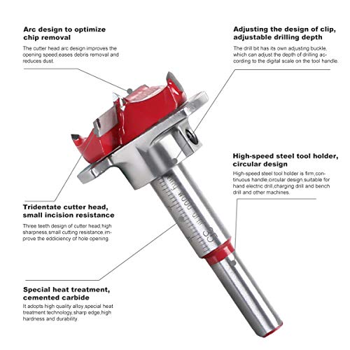 flintronic Fresas Set, 5 PCS Juego de Brocas de Posicionamiento Ajustable (15~35 mm), Orificio para Carpintería Cementada Sierra con Taladro de Profundidad (Rango de Profundidad 10~40 mm)