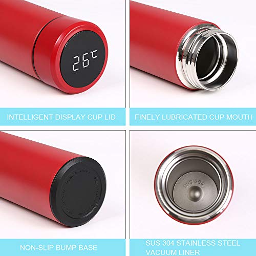 flintronic® Taza de Viaje, Termo Taza 500ML Travel Mug, Frasco de Vacío de Acero Inoxidable, Pantalla LCD Táctil Inteligente, Térmica de Doble Pared, Aislado al Vacío, con Portavasos y Cepillo - Rojo