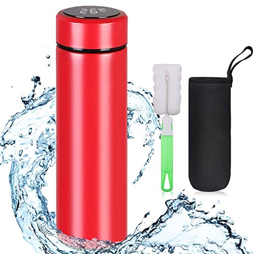 flintronic® Taza de Viaje, Termo Taza 500ML Travel Mug, Frasco de Vacío de Acero Inoxidable, Pantalla LCD Táctil Inteligente, Térmica de Doble Pared, Aislado al Vacío, con Portavasos y Cepillo - Rojo