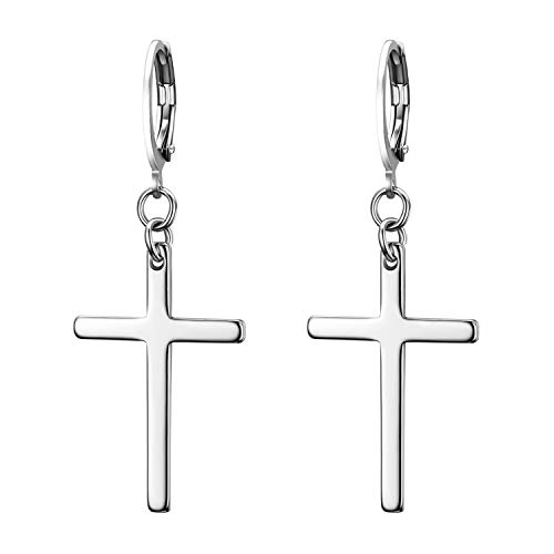 Flongo Pendientes de cruz largo pendientes de aros pequeños, Pendientes de acero inoxidable plateado, Pendientes de mujer hombre estilo hip hop unisex, 1 par, Regalo San Valentín Navidad