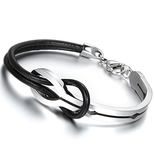 Flongo Pulsera Negra de Suerte símbolo Infinito, Pulsera de Cuero y Acero Inoxidable Sencillo Elegante para Mujer Hombre