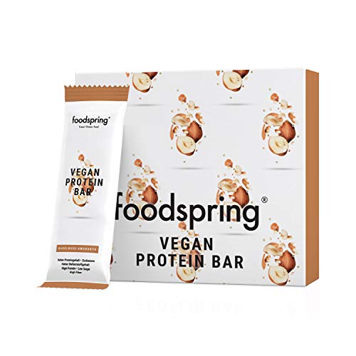 foodspring Barrita Proteica Vegana, 12 x 60g, Avellanas y Amaranto, tu snack proteico vegano con proteína 100% vegetal