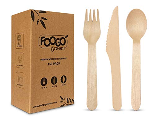 FOOGO Green 150 Cubiertos de Madera Desechables |25x Tenedores, 25x Cucharas, 25x Cuchillos|Vajilla Ecológico Biodegradable|Como Cubiertos de Plástico, Cubiertos de Bambu|Para fiestas Navidad