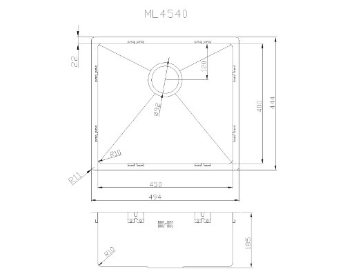 Fregadero de Cocina Mizzo Linea | Acero Inoxidable 304 | Montaje Bajo o Sobre Encimera o al Ras | Radio 10mm | 1 Seno | Espesor Acero 1.2mm (45x40)