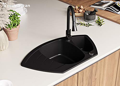 Fregadero de Granito con Sifón Catania Fregadero de esquina Empotrado Nero Armario Cocina 60cm Lavabo de Granito con Sifón y Rejilla Primagran