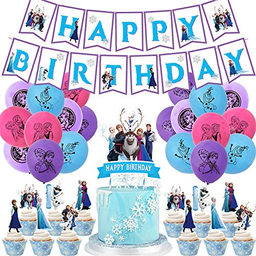Frozen Fiesta Cumpleaños Decoración - WENTS 47PCS Azul Fiesta Guirnalda de Globos Cake Cupcake Topper Banner para Niñas Frozen Cumpleaños Fiesta Suministros