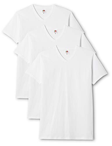 Fruit of the Loom - Camiseta de manga corta con cuello V, para hombre, pack de 3, color blanco, talla l