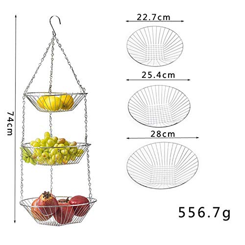 fruteros de cocina SFBBBO Cestas de frutas colgantes de 3 niveles - Cestas ajustables de almacenamiento de productos de alambre cromado blanco