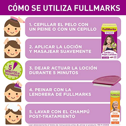 FullMarks Kit Tratamiento Antipiojos para Niños, Elimina los Piojos, Contiene Loción 100 ml, Champú Post-Tratamiento 150 ml y Lendrera