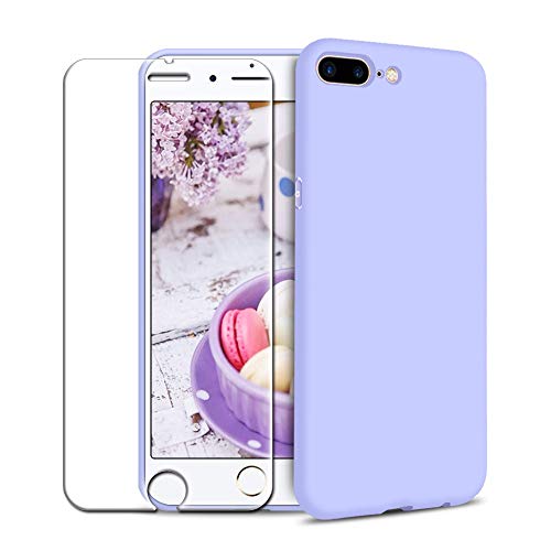 Funda iPhone 7 Plus/iPhone 8 Plus + Protector de Pantalla de Vidrio Templado, Carcasa Ultra Fino Suave Flexible Silicona Colores del Caramelo Protectora Caso Anti-rasguños Back Case - Morado Claro