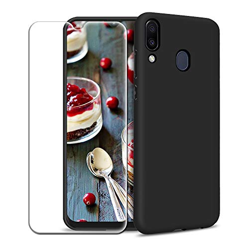 Funda Samsung Galaxy A40 + Protector de Pantalla de Vidrio Templado, Carcasa Ultra Fino Suave Flexible Silicona Colores del Caramelo Protectora Caso Anti-rasguños Back Case - Negro