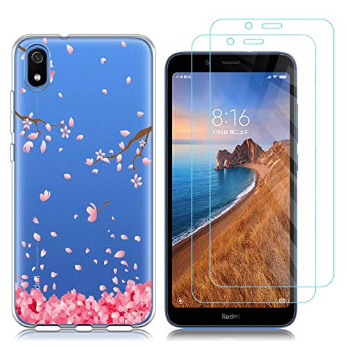 Funda Xiaomi Redmi 7A Flor del Ciruelo Suave TPU Silicona Protector Trasero Carcasa para Xiaomi Redmi 7A (5,45 Pulgada) con Dos Protector de Cristal Templado Film